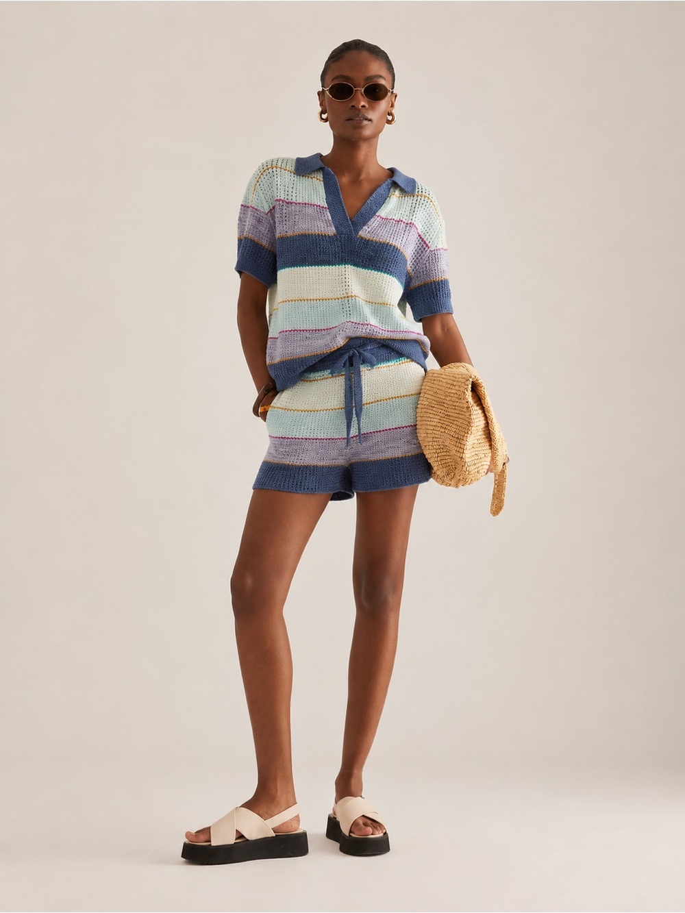 Anthropologie Daily Practice | Thermal Striped Crochet Knit Shorts ~ Small